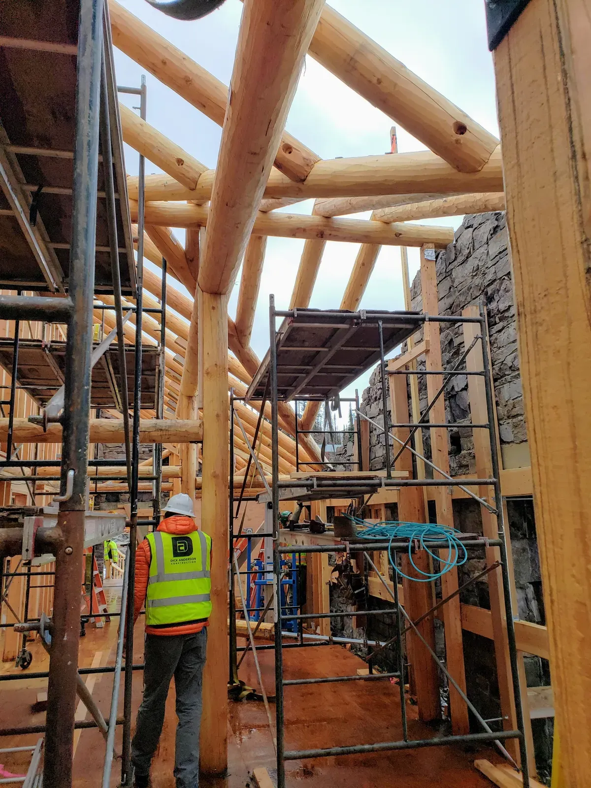 Close-up of timber frame joint showing hand-cut mortise and tenon connection